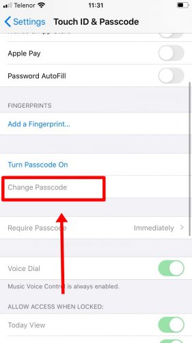 Click on Change Passcode - how to detect spyware on iPhone