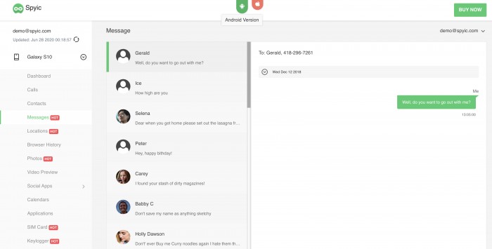 Spyic android app dashboard messages feature