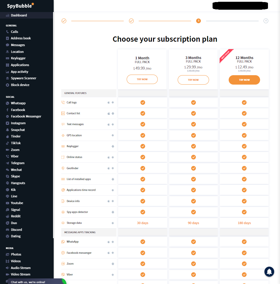 Choose SpyBubble subscription